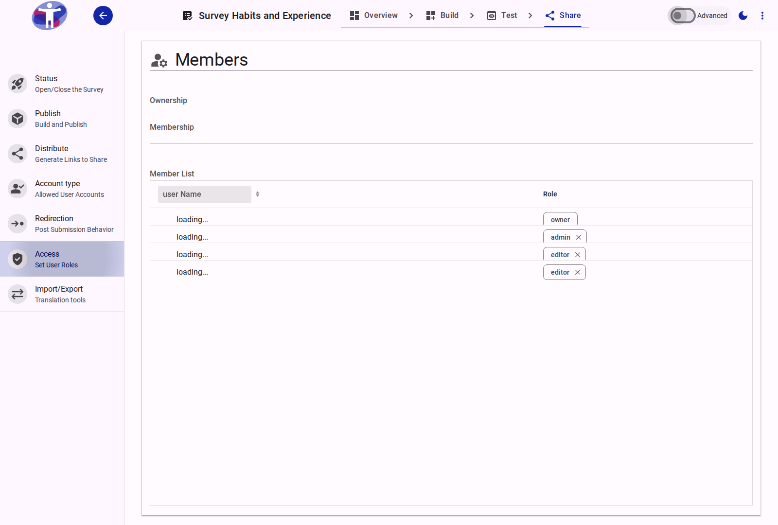 The survey access settings interface