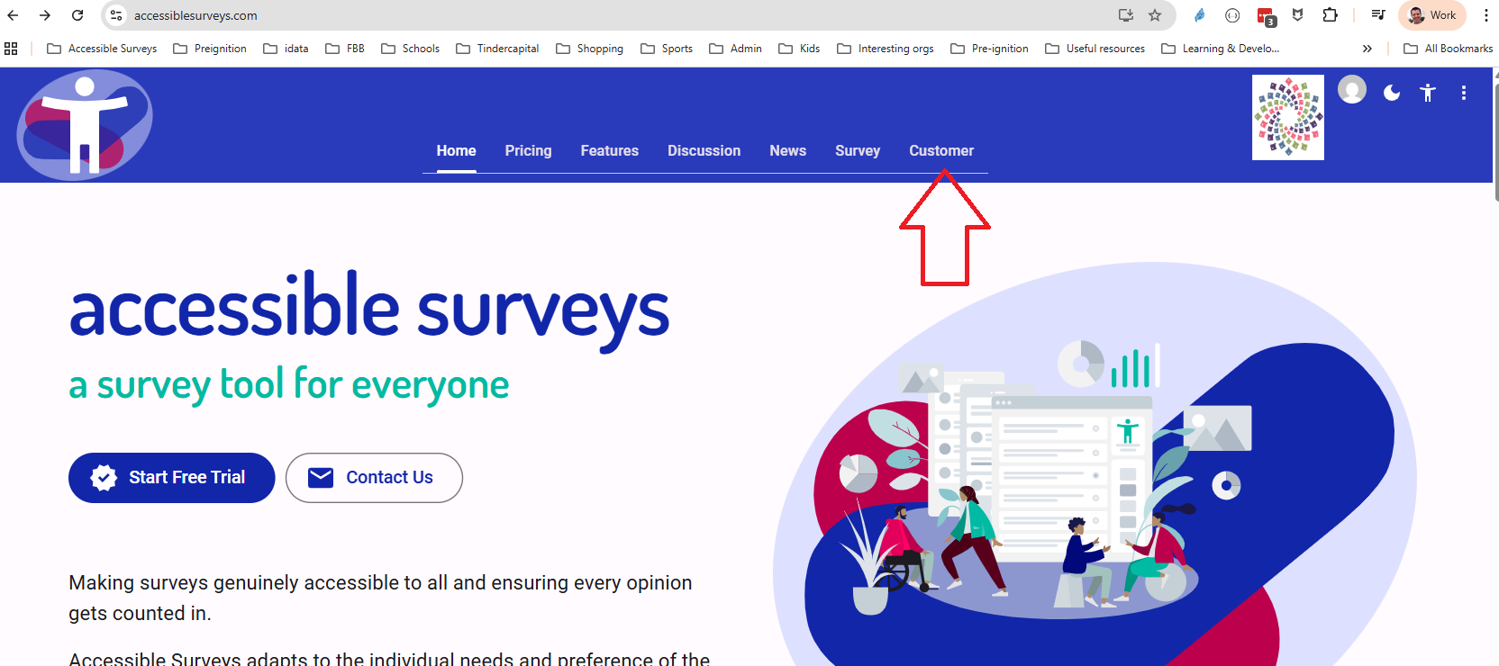 Homepage for an Account Holder with 'Customer' highlighted.