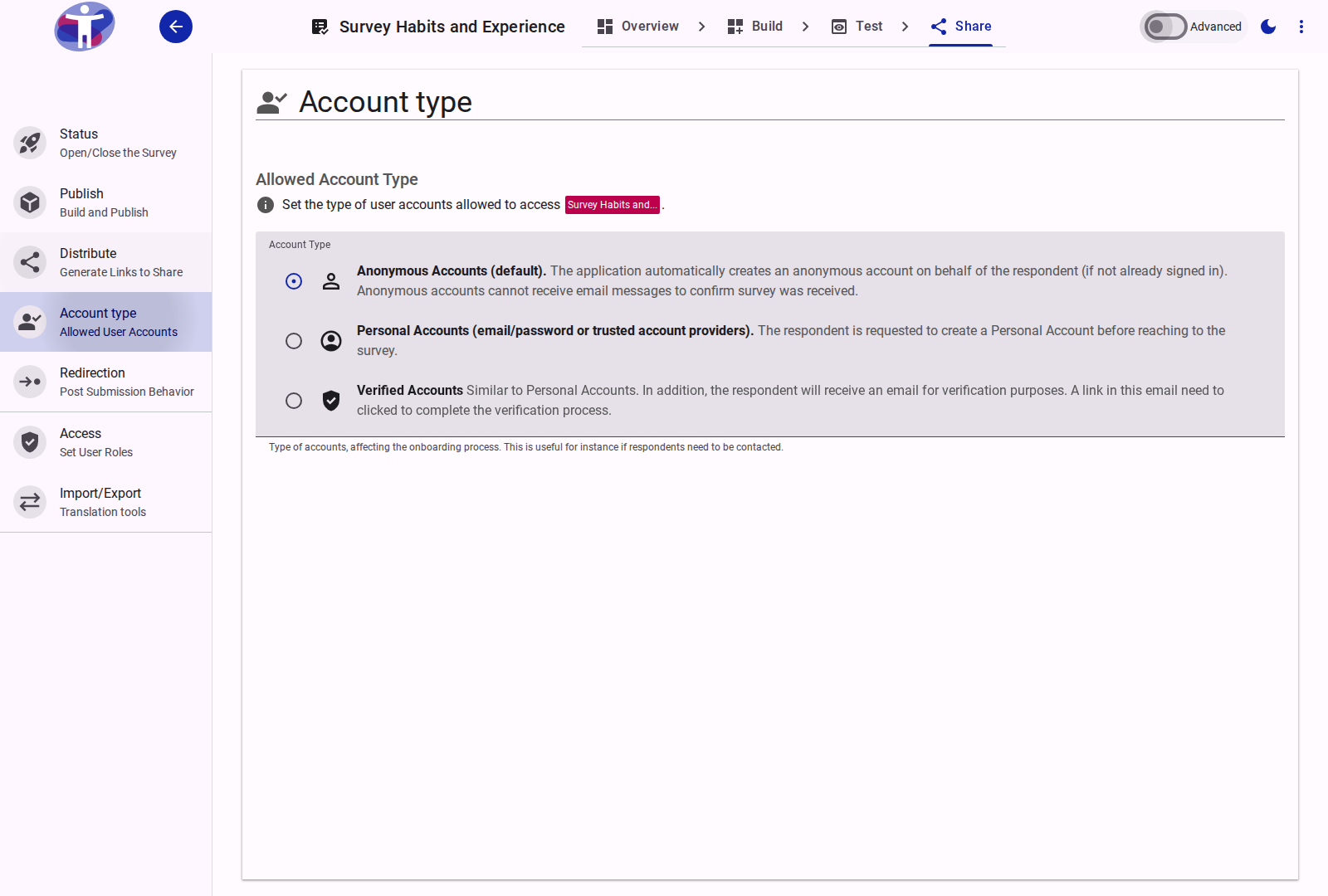 The survey respondent account types interface