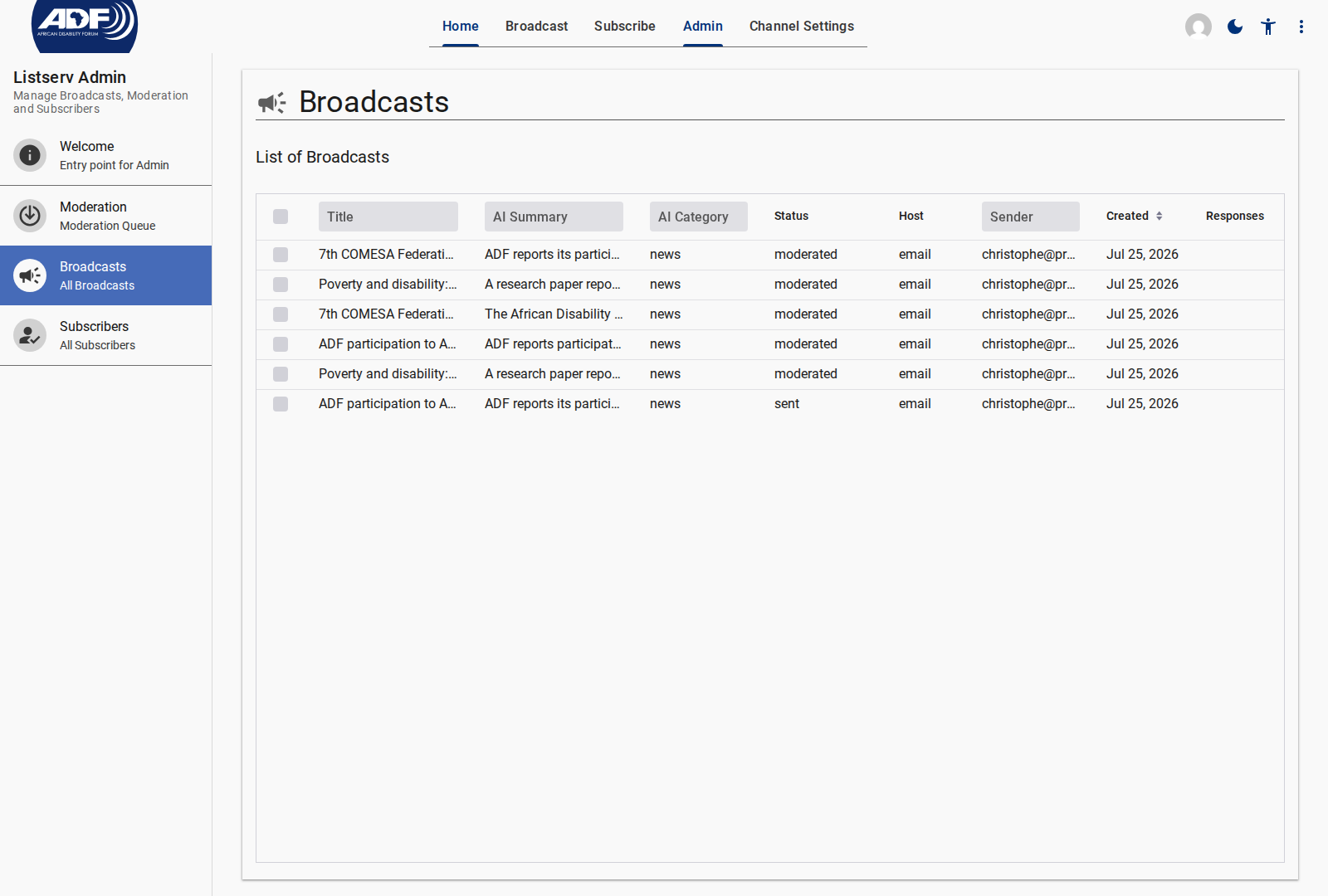 Admin Broadcasts Screen