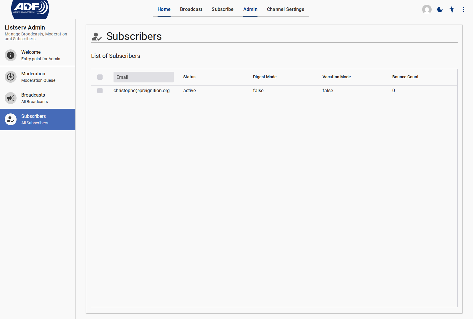 Admin Subscribers Directory Screen