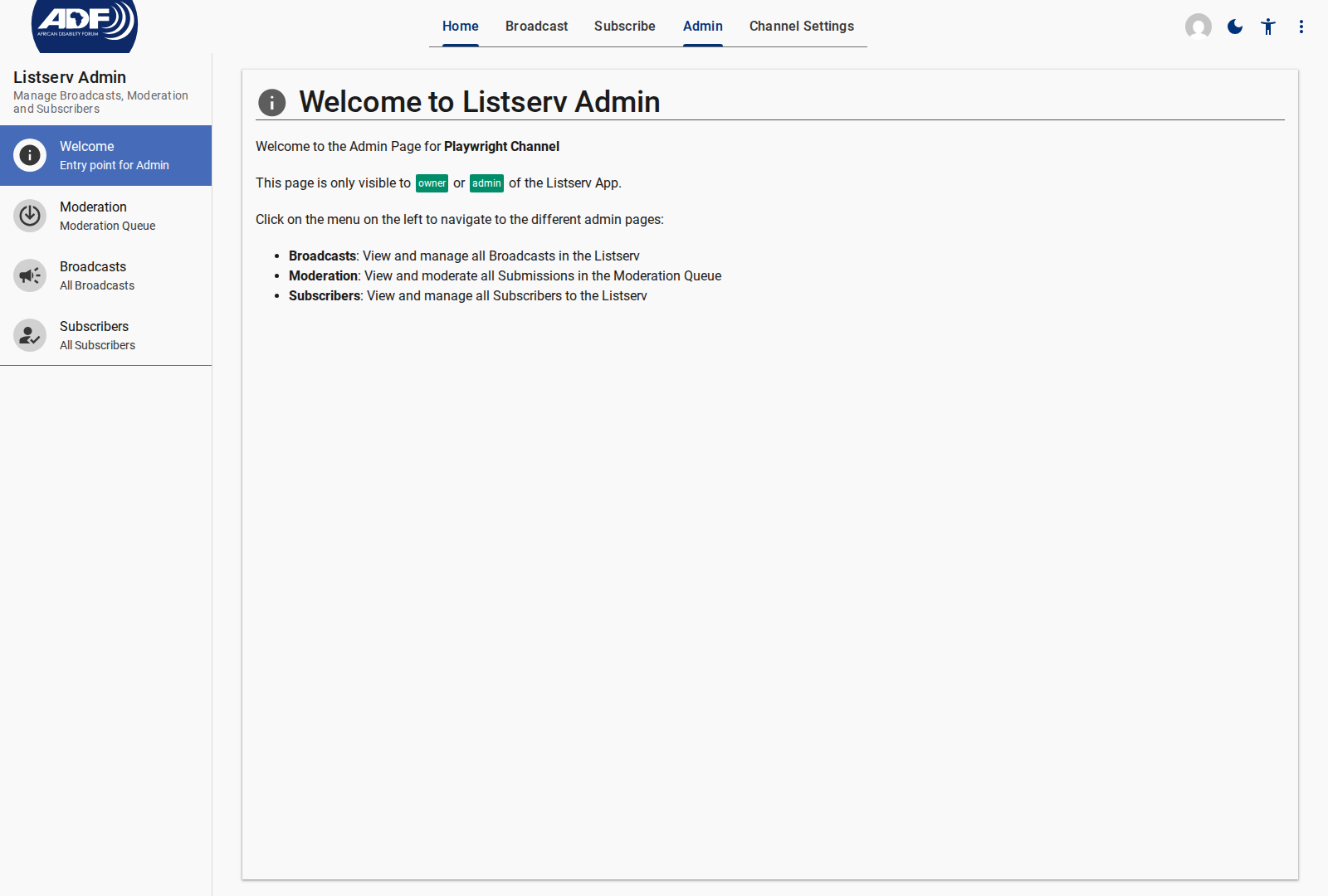 Admin Welcome Dashboard Screen