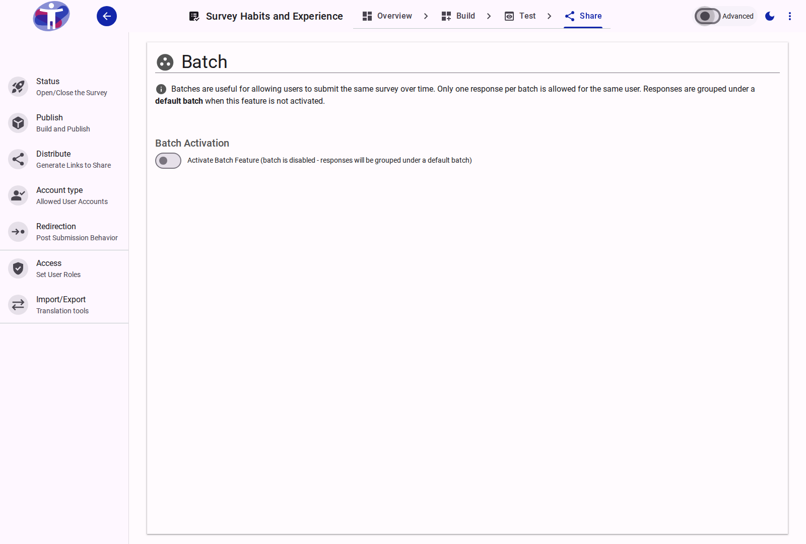 The survey batches interface