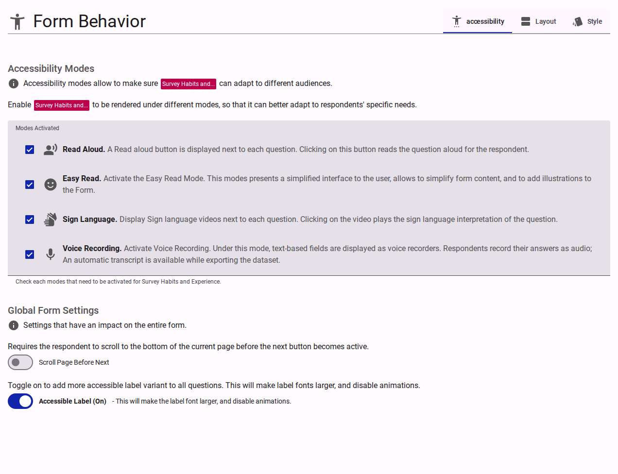 Accessibility tab within the Behavior settings.