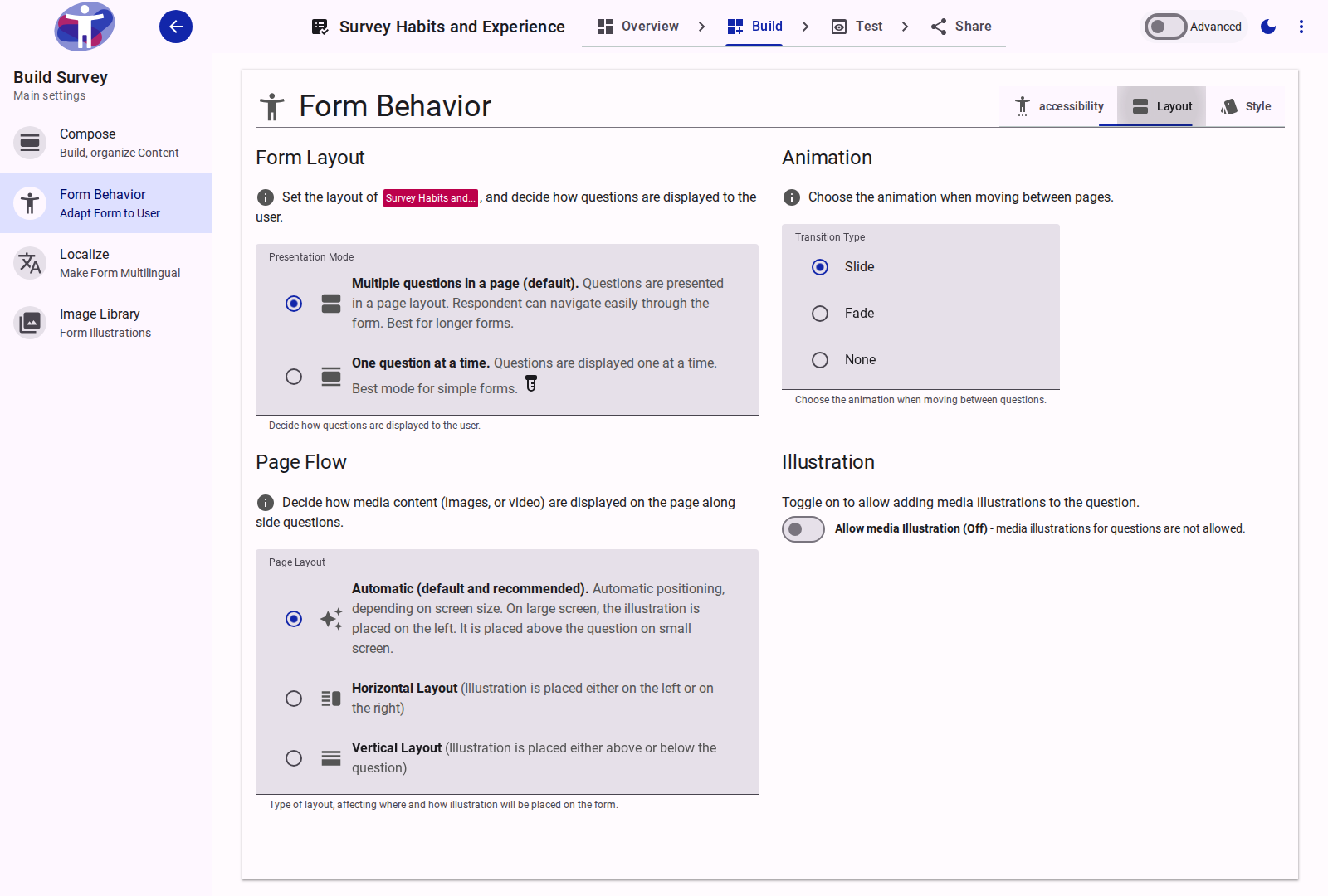 Layout tab within the Behavior settings.