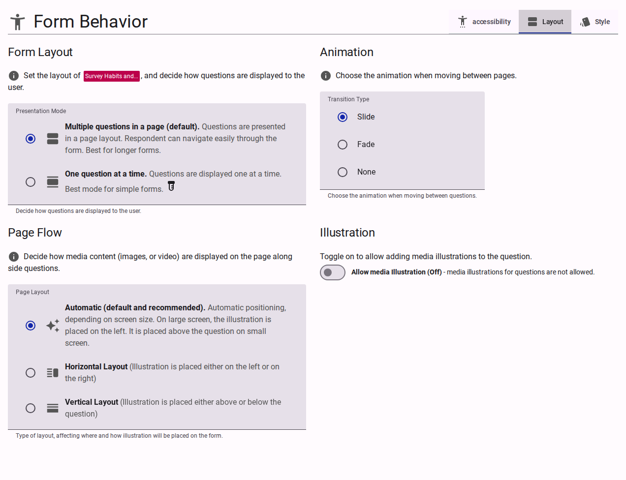 Layout tab within the Form Behavior settings.