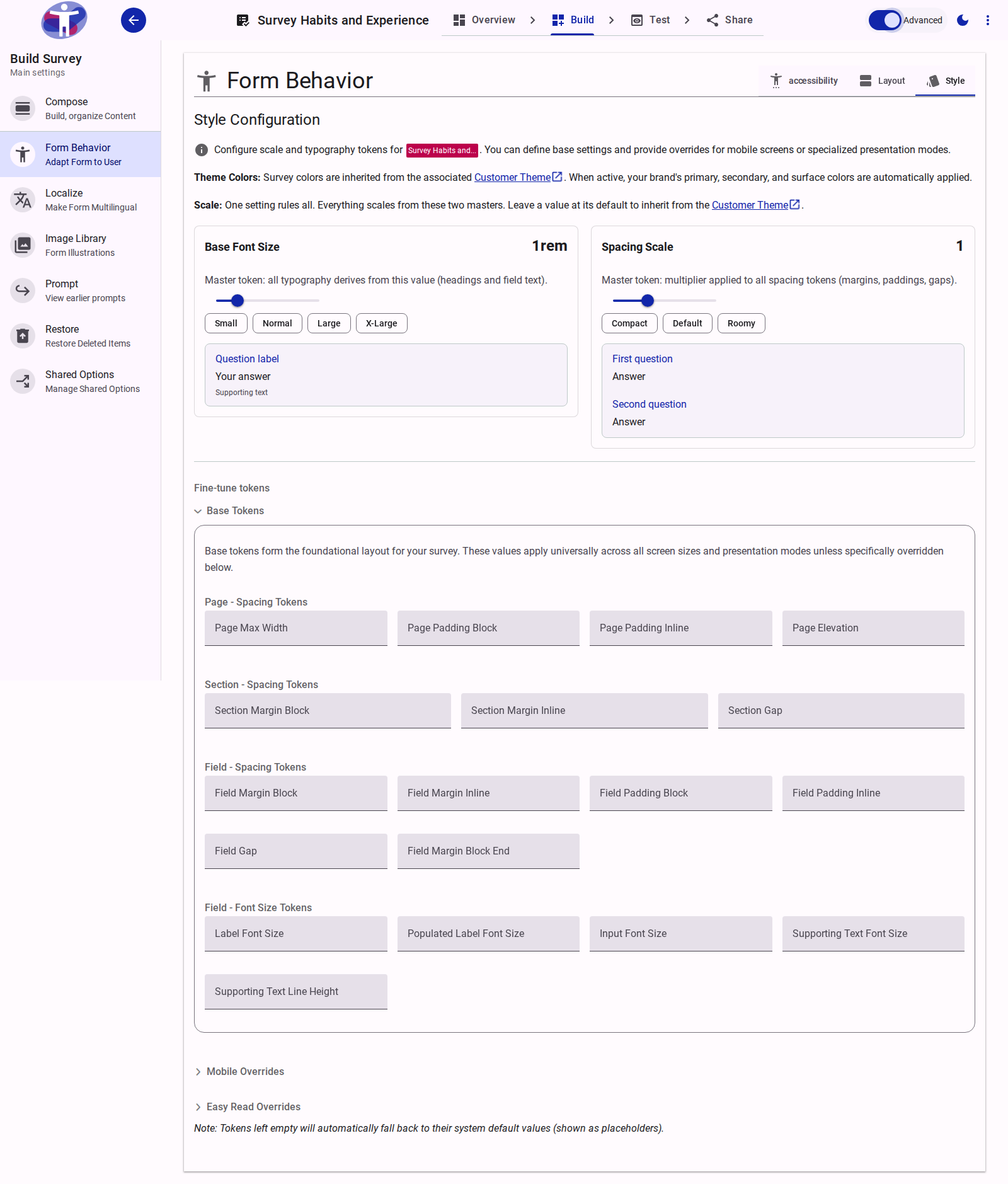 Advanced Style settings showing expanded token groups.