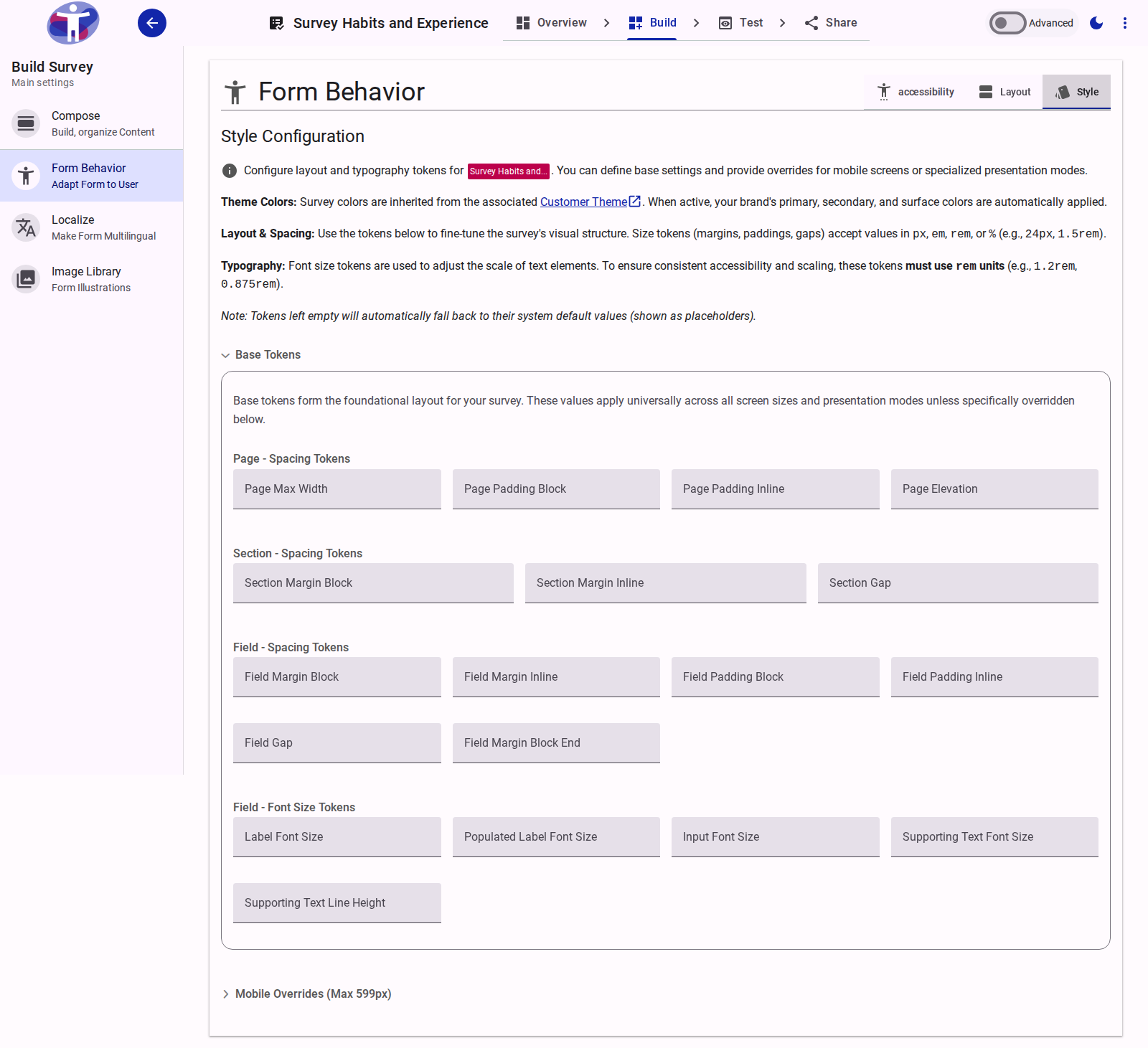Style tab showing expanded token groups.