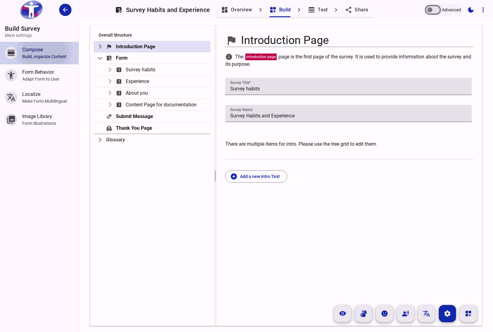 Overview of the Survey Builder interface.