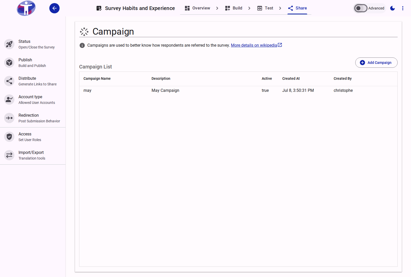 The campaign management interface