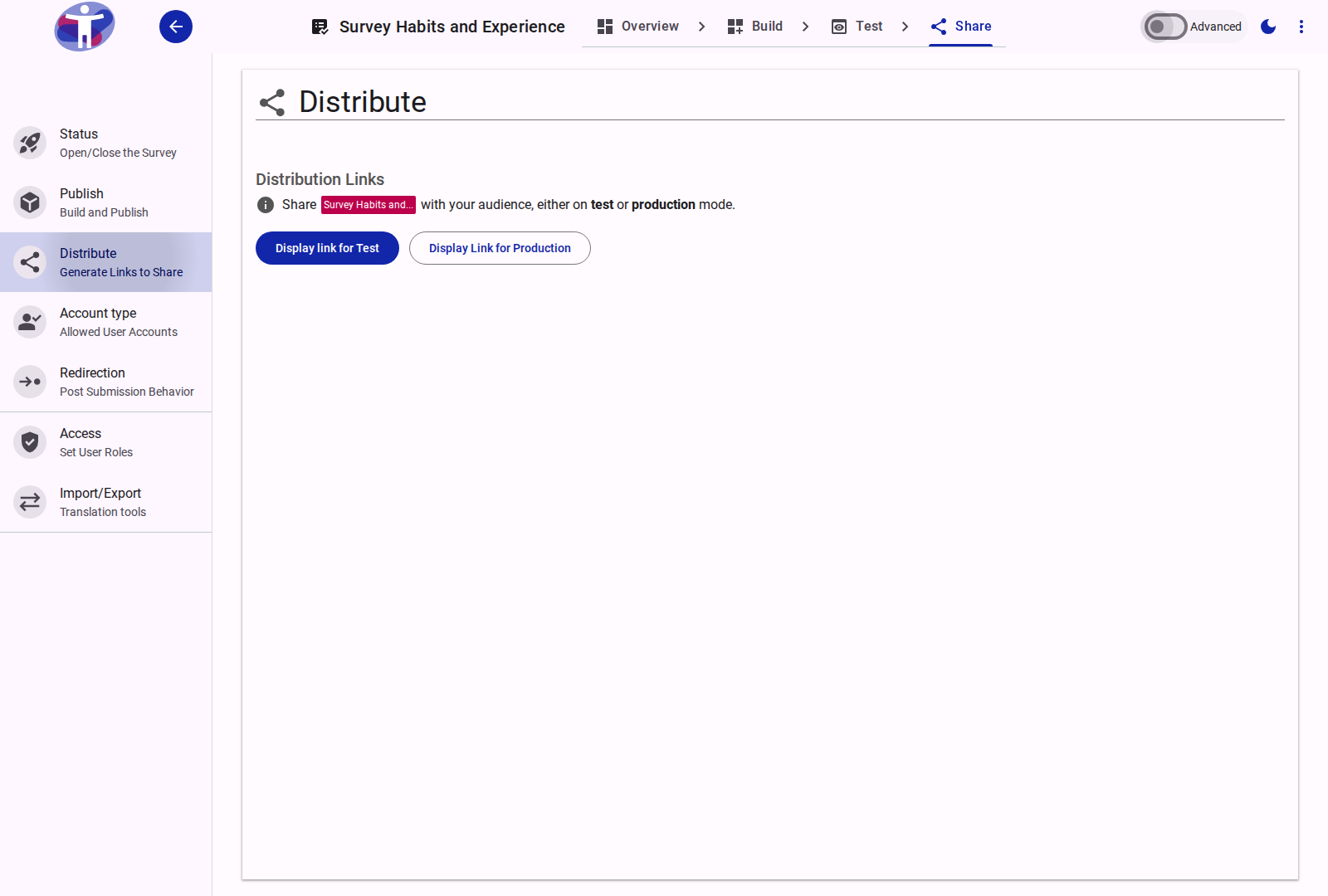 The survey distribution interface