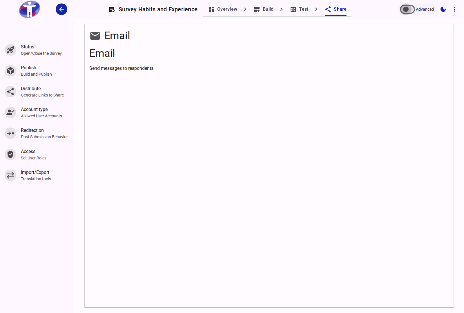 The survey email invitation interface