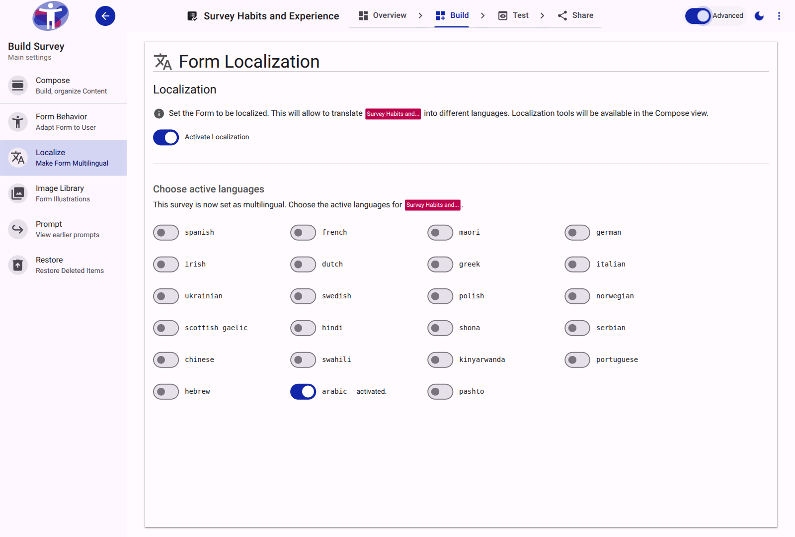 Advanced view of the Localize interface.