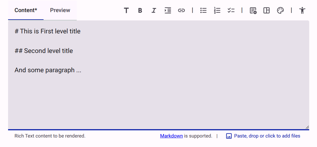 Rich text editor in Content mode