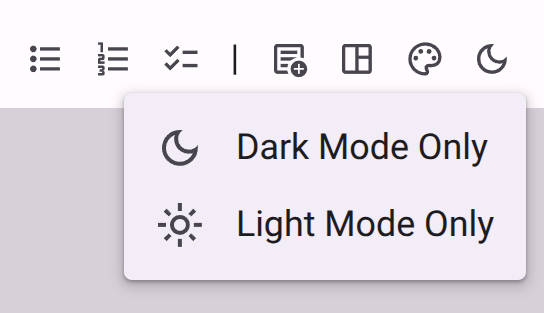 The theme menu in the toolbar
