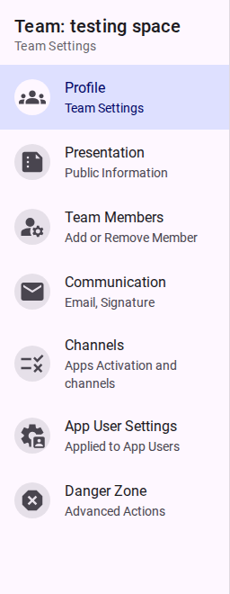 Team Settings Menu