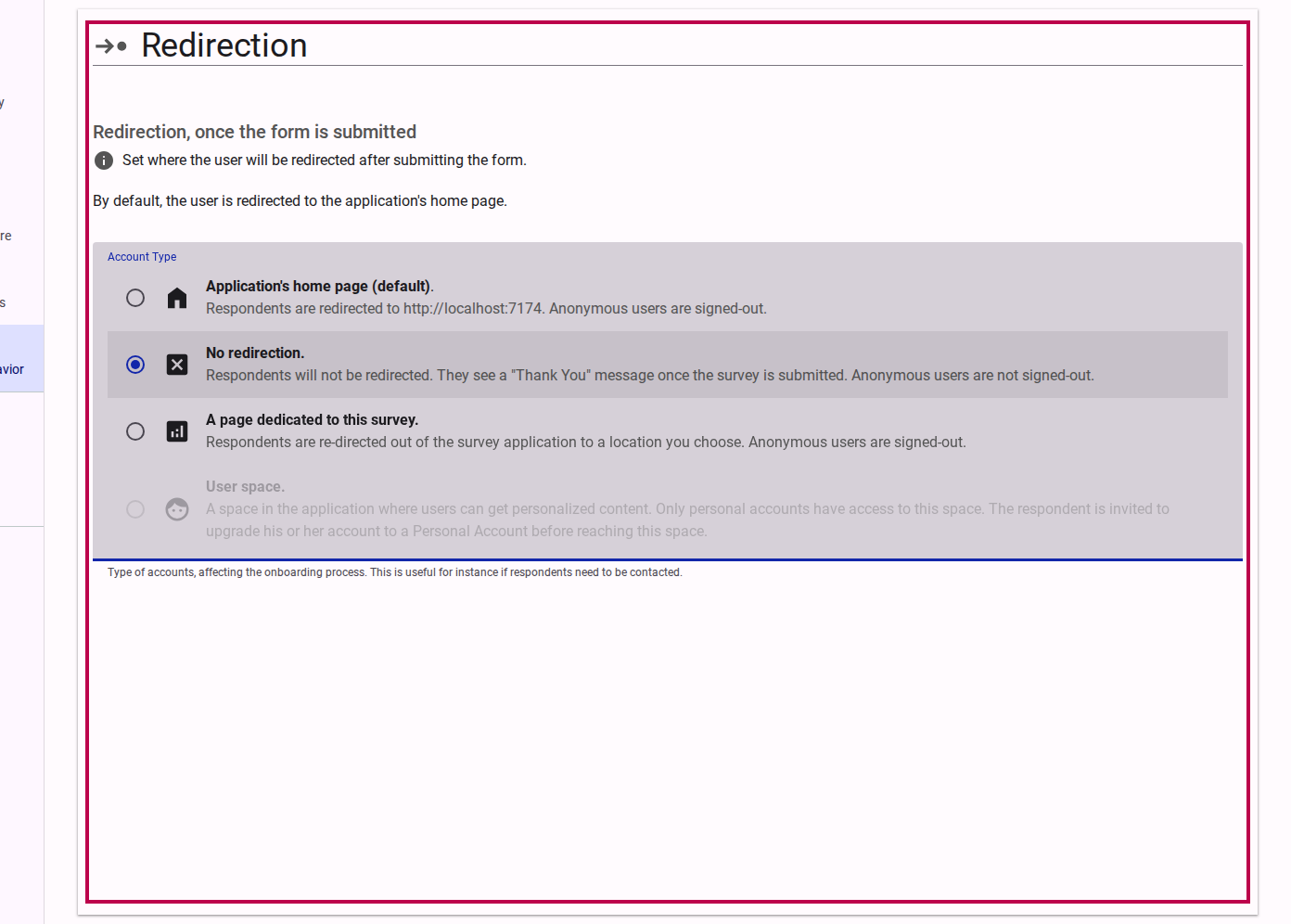 No Redirection option selected