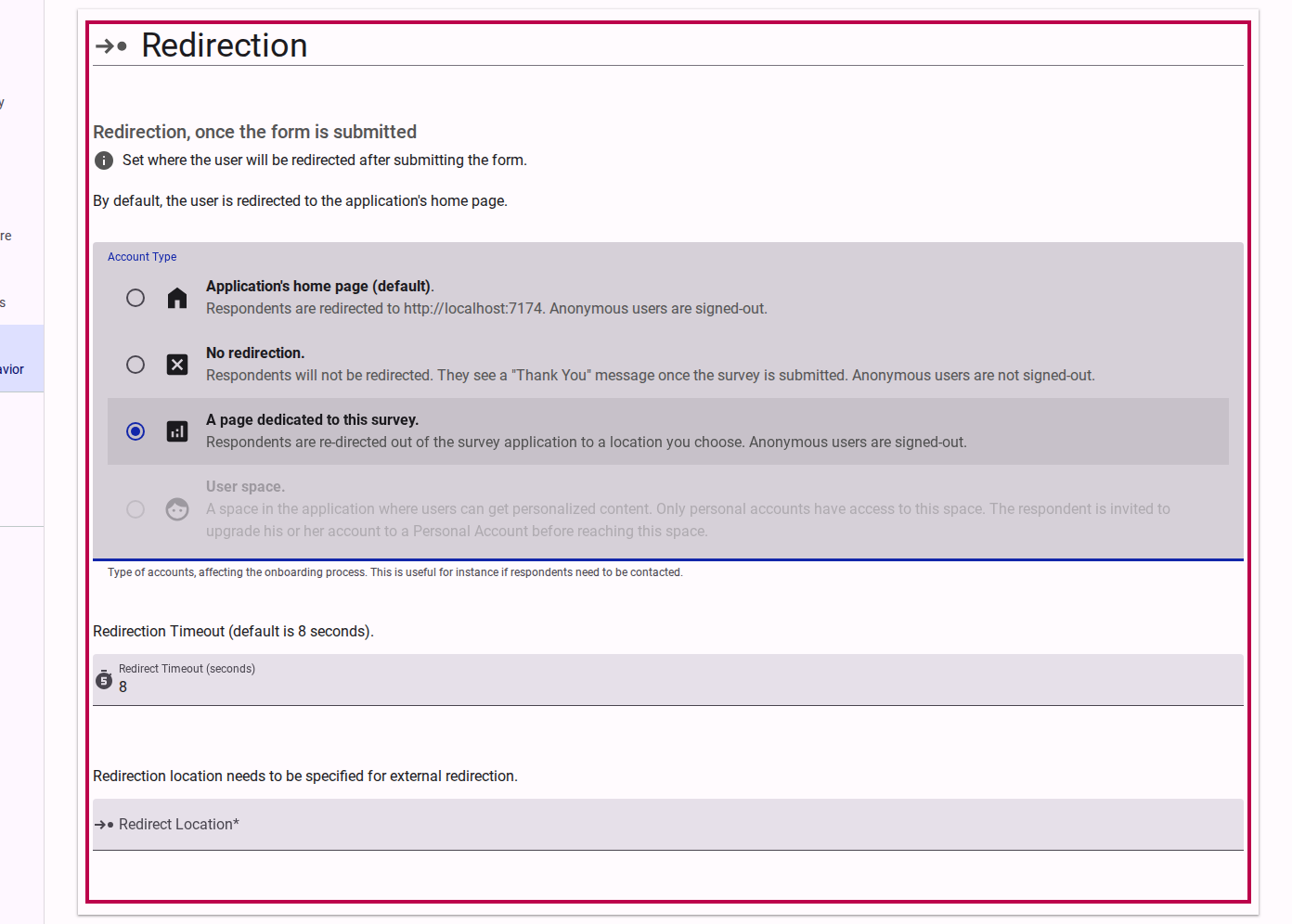Page dedicated to survey option selected