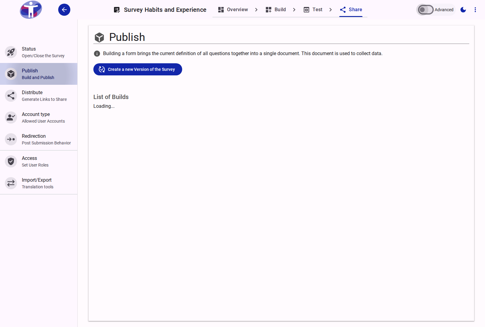 The survey publishing interface