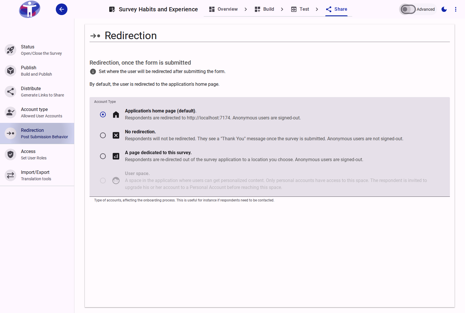 The survey redirection interface