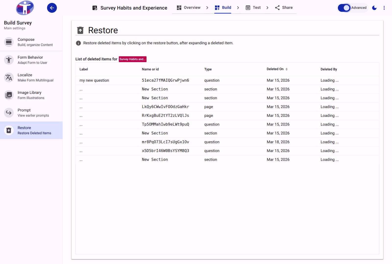 Advanced view of the restore interface.