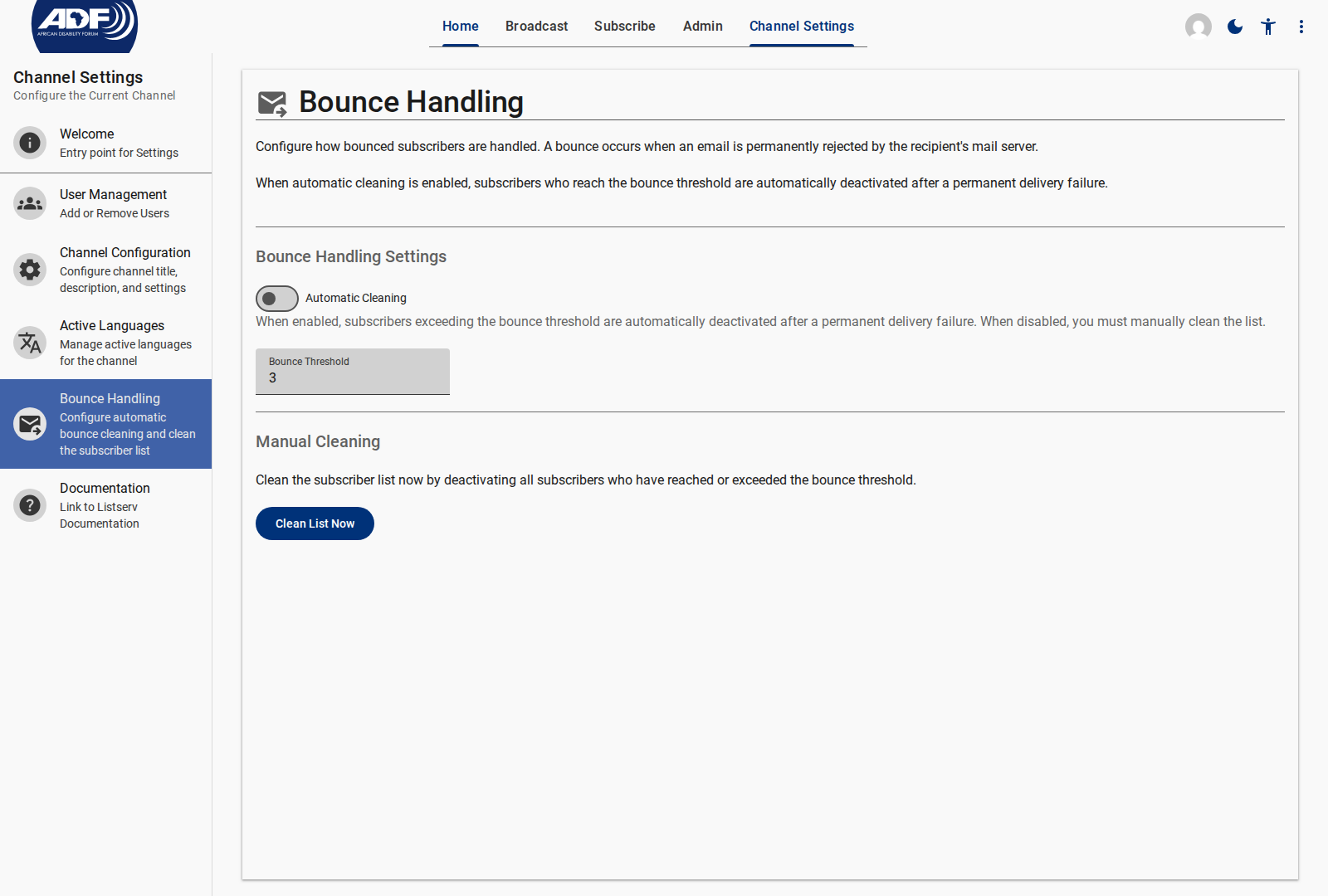 Bounce Handling Settings Screen