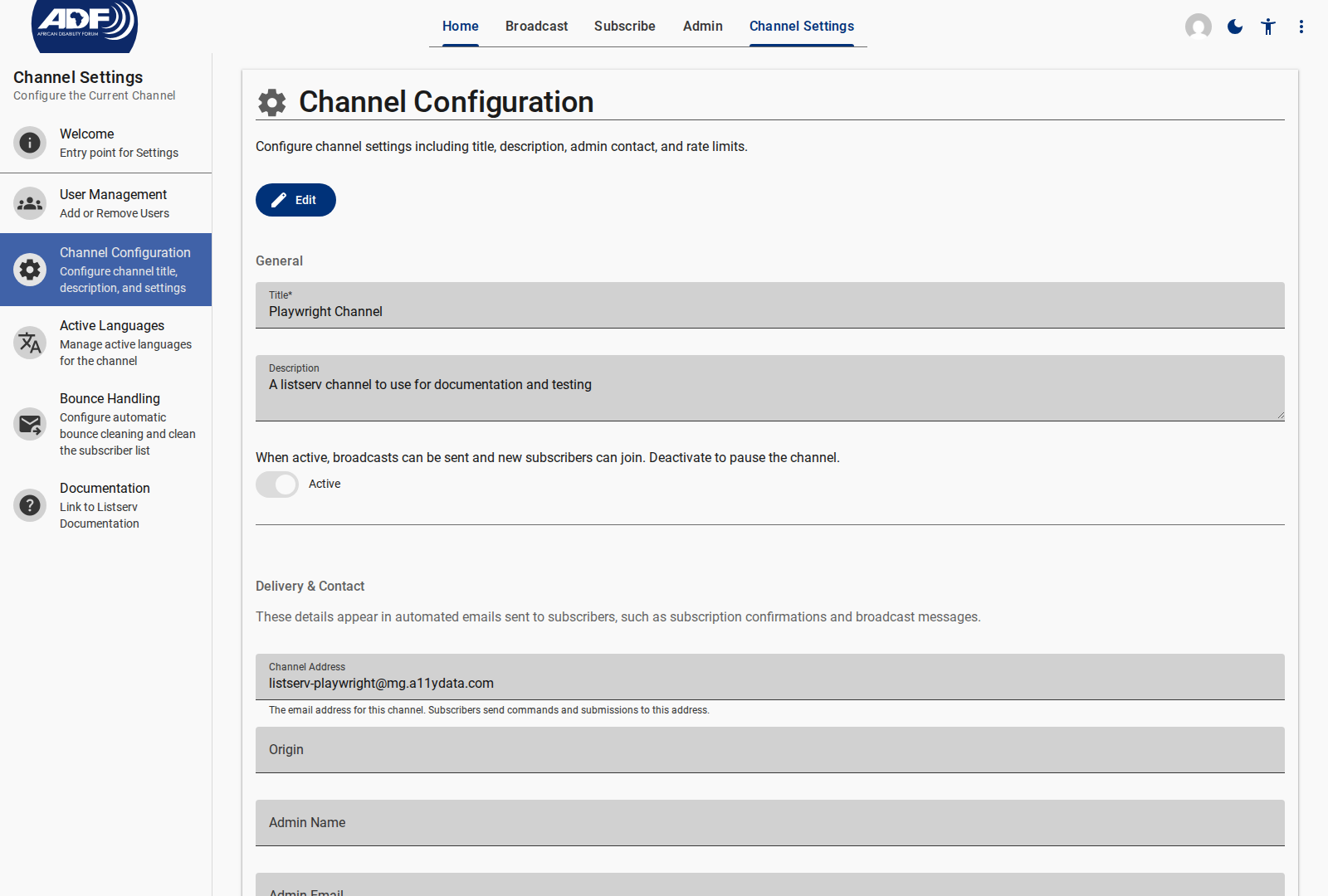 Channel Configuration Form Screen