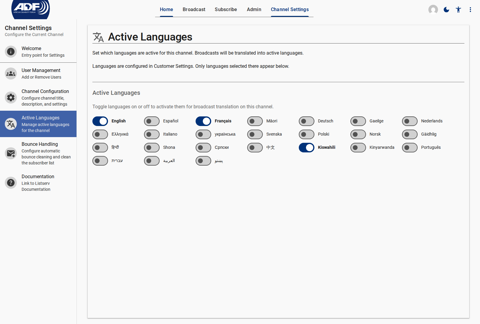Active Languages Settings Screen
