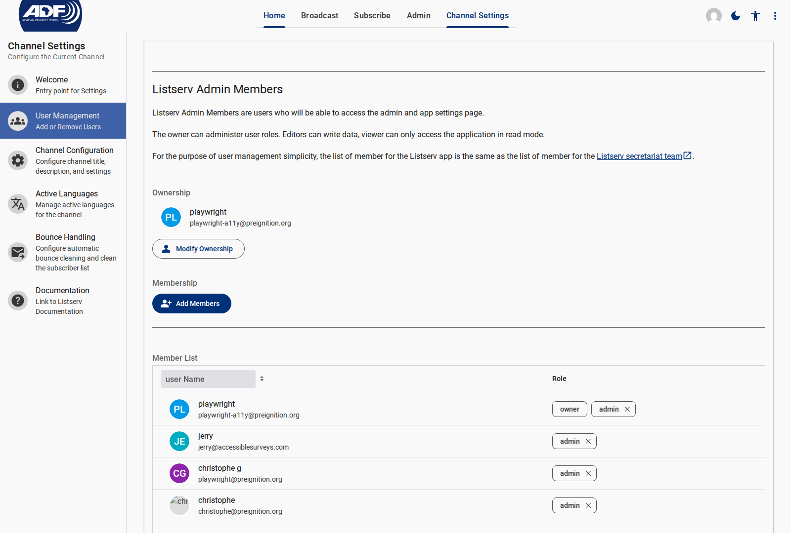 User Access Management Screen