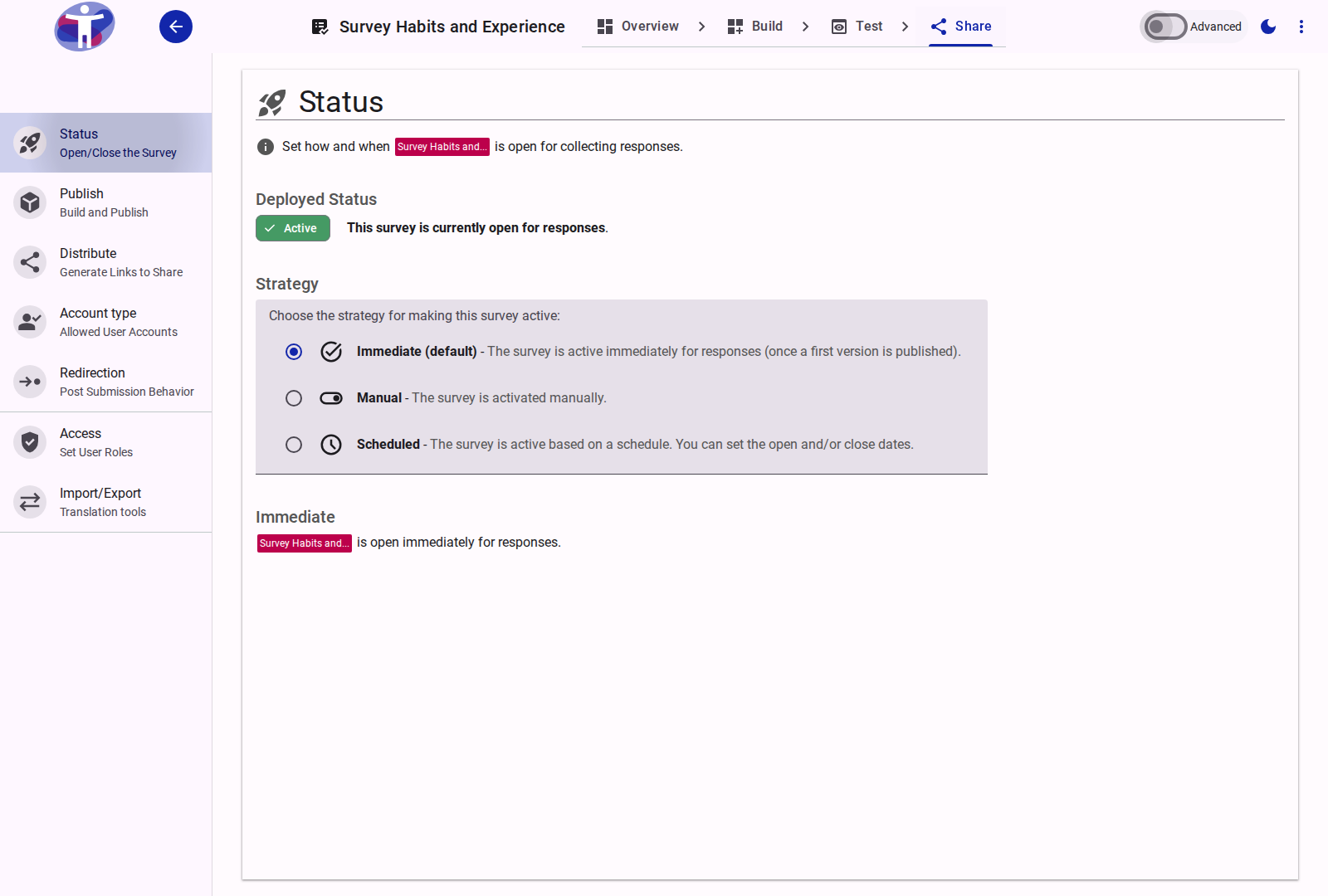 The survey status page.