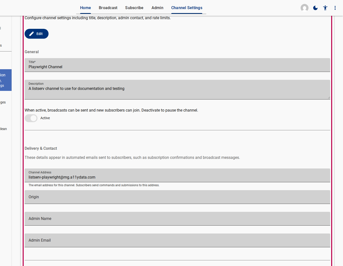 Channel Configuration Page