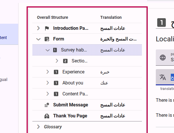 Survey tree showing original and translated text