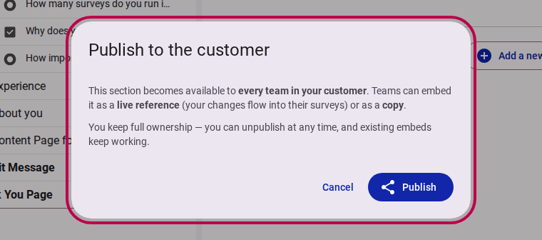 Publish section confirmation dialog
