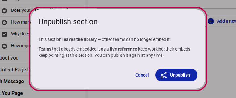 Unpublish confirmation dialog
