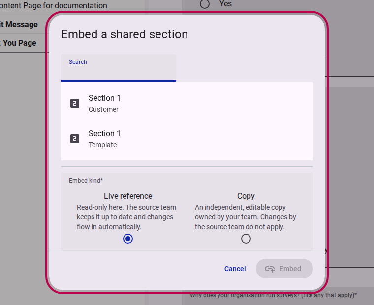 Select section from the library in the embed dialog