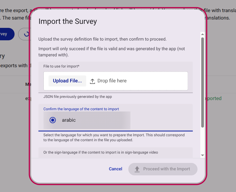 Confirm the import survey dialog