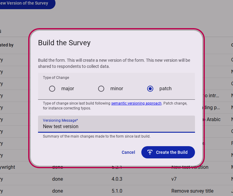 Build the survey dialog