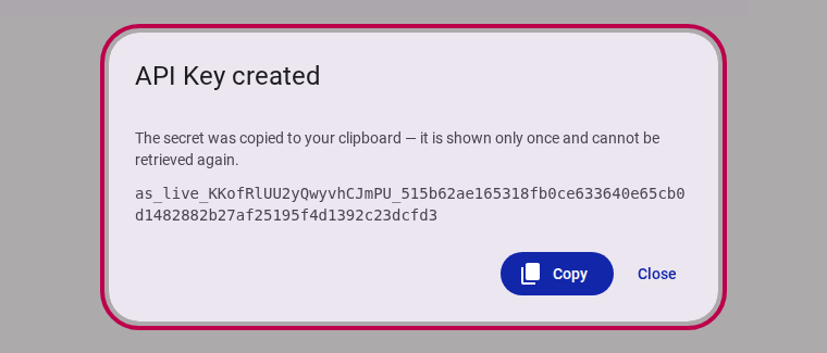 API Key Created secret reveal
