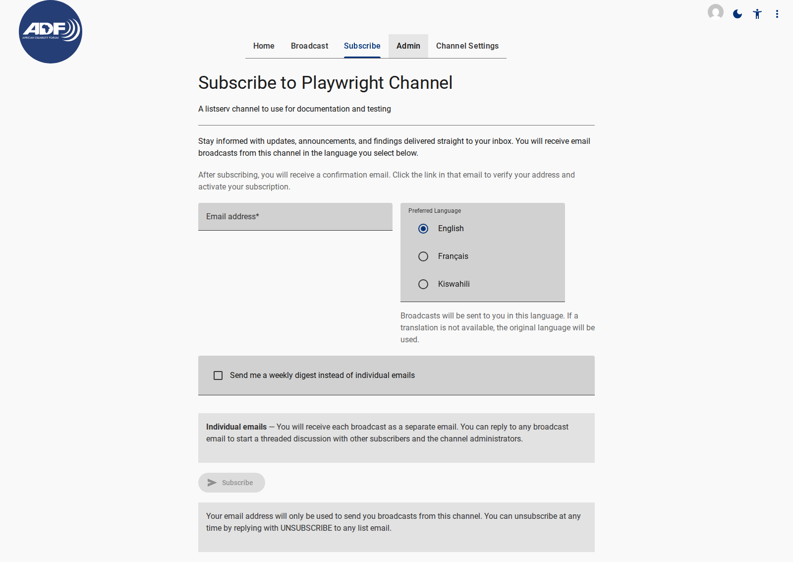 Full Public Subscription Form View