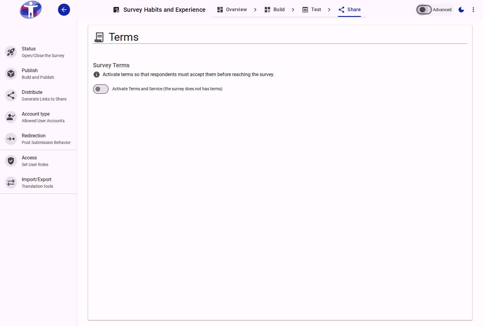 The survey terms and conditions interface