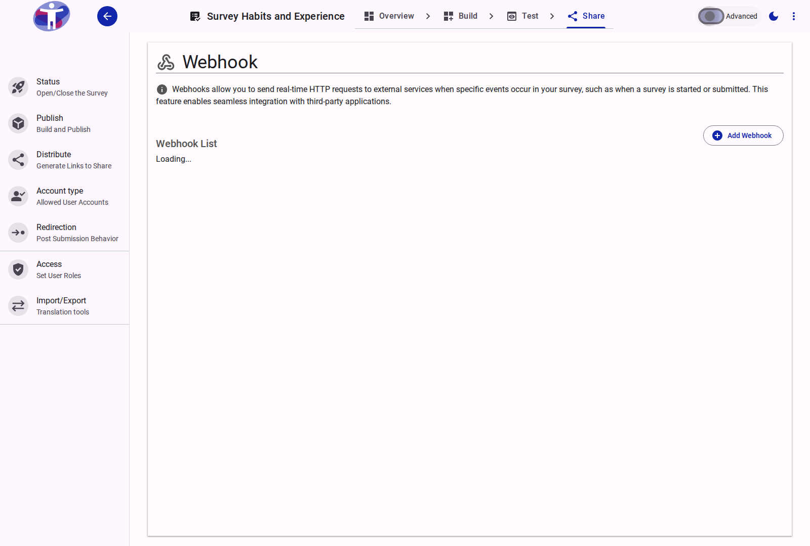 The survey webhooks interface